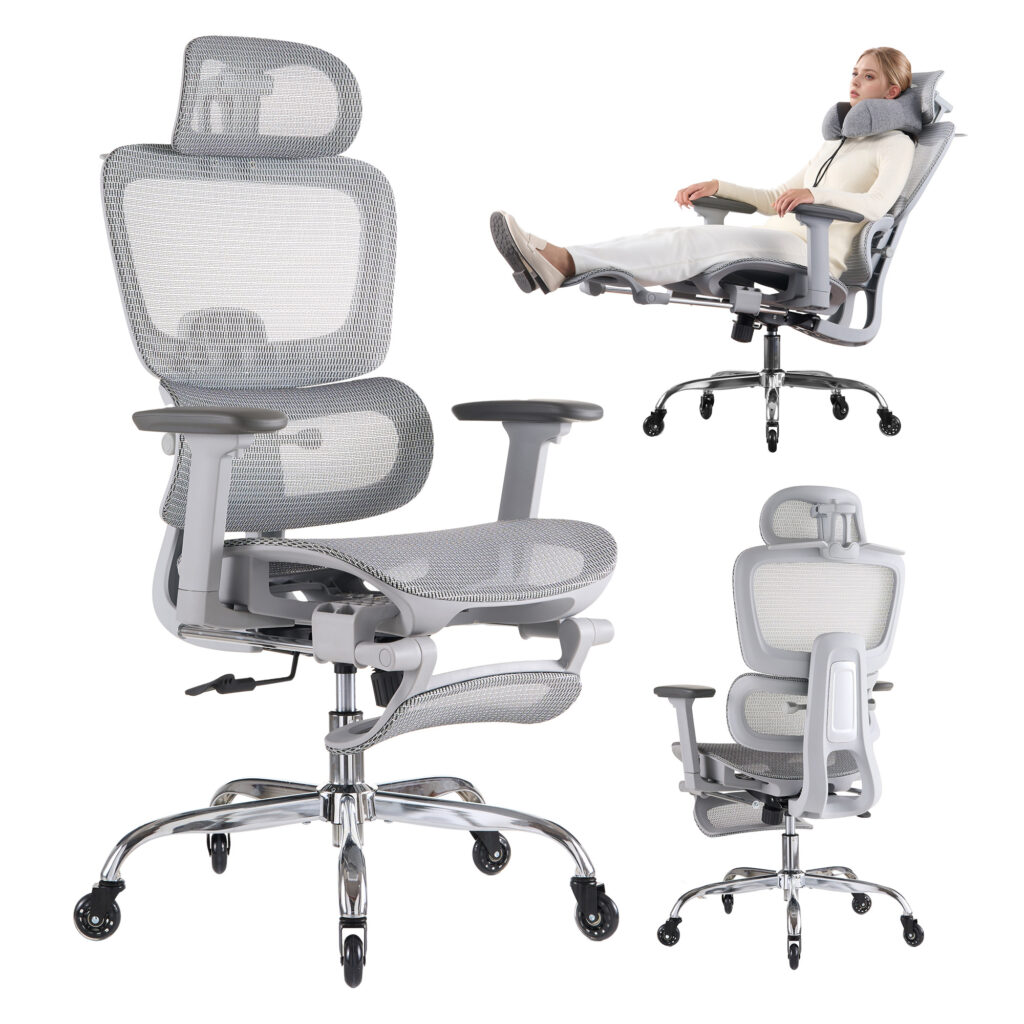 LarkLeaves L10-PRO-GY ergonomic office chair with neck pillow and rubber wheels - grey