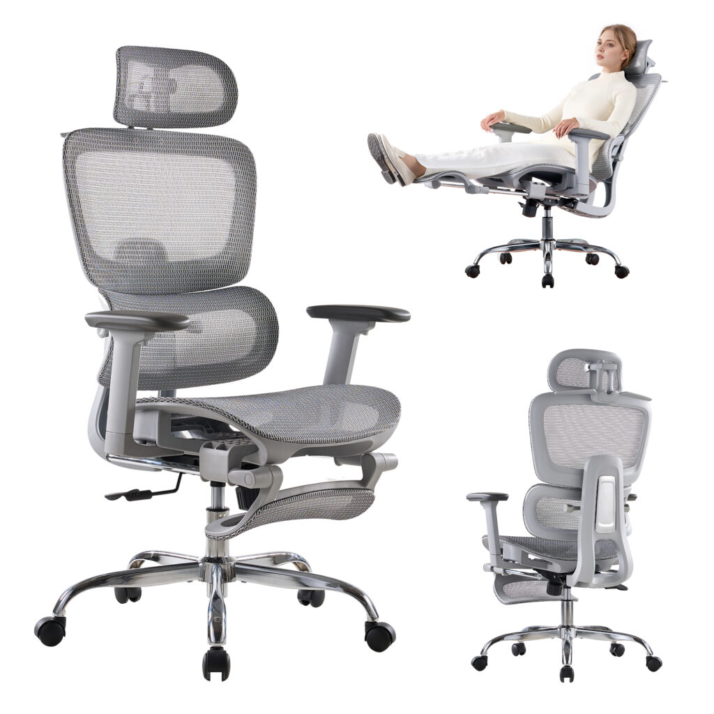 LarkLeaves L10-GY ergonomic office chair with footrest and 3D headrest - grey